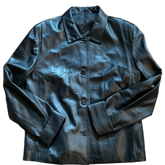 Anna Piazza Pitti Firenze Black Leather 4 Button Coat Jacket Sz 48 Made In Italy - Picture 4 of 9